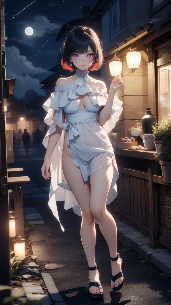 Masterpiece, best quality, 16k resolution, NVIDIA RTX Ray Tracing technology, Create a 4K resolution, ultra-realistic, and extremely detailed artwork, award winning, retina, soft light, sharp focus.(hyper-realistic:1.4), (full body:1.5), (Night, night time:1.4), from above
cyberpunklucy, lucy, short hair, bangs, blue eyes, blue hair, multicolored hair, makeup, (multicolored eyes:1.3), smile, model pose, modeling
BREAK bare hips, ((White Sundress)), Earrings, sandals, off-shoulder open, Sensual Body, Large Breasts, Thick Thighs, Sexy Legs,
BREAK outdoors, city, moon, night, sky, clouds,
sexy, Sexy, smooth perfect skin, smooth_skin
Beautiful、(red blush)、Sexy
FULL BODY SHOT, ultra wide angle, textured skin, face detail, clean skin, perfect hands, perfect anatomy, anatomically correct,
(Realistic park:1.3)
