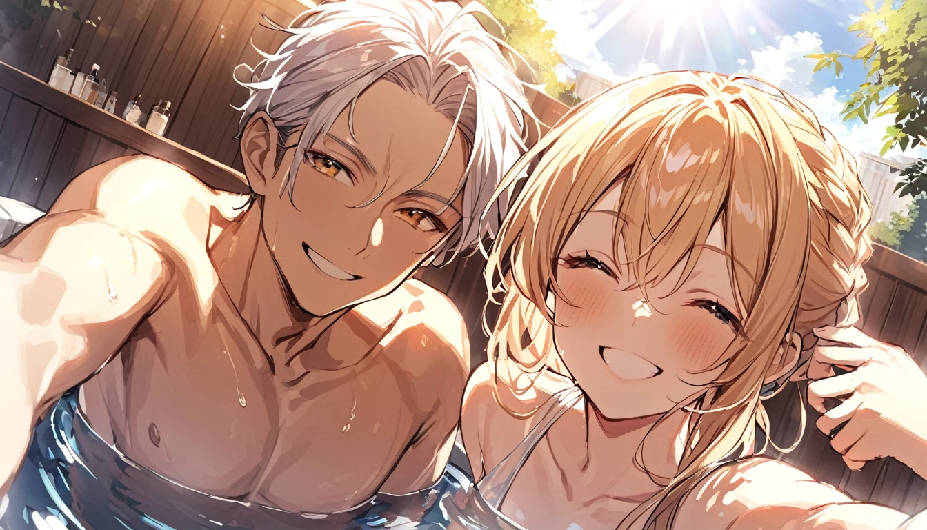 There was a man standing in a hot tub., Take a selfie, sunny, smile