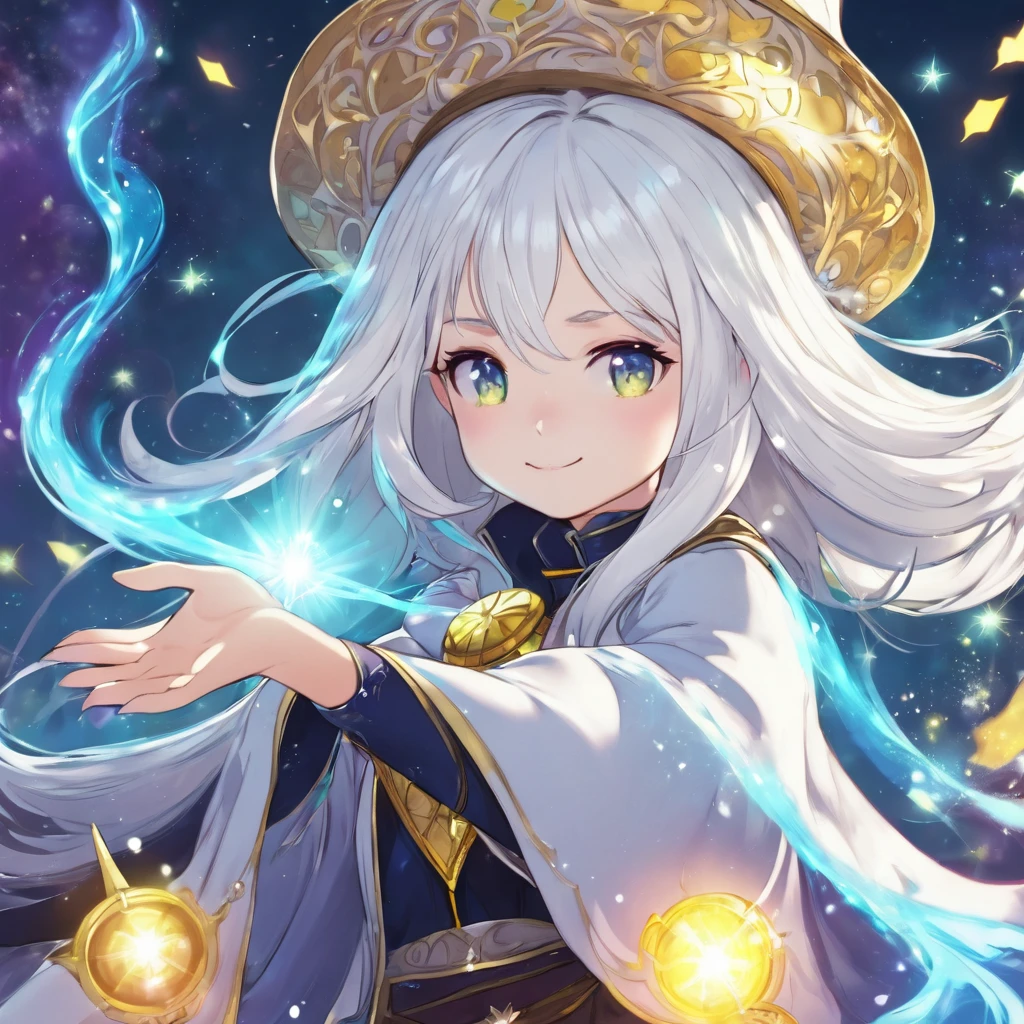 Wizard girl, white hair, cute, radiating magical powers