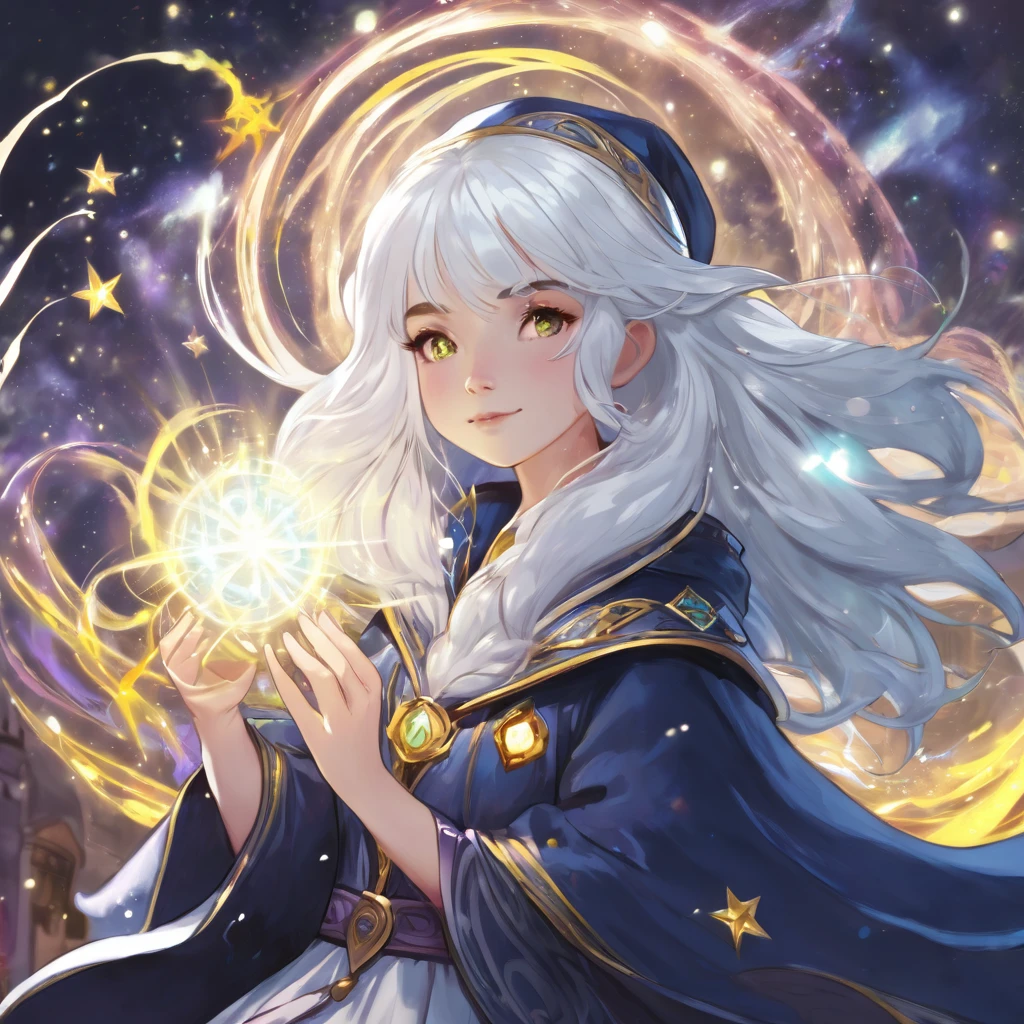 Wizard girl, white hair, cute, radiating magical powers