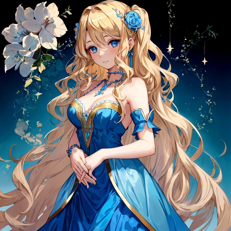 A young girl that has long, wavy blonde hair and blue eyes. She is wearing a blue dress with intricate details and a matching blue necklace. She has a gentle and composed expression on her face.