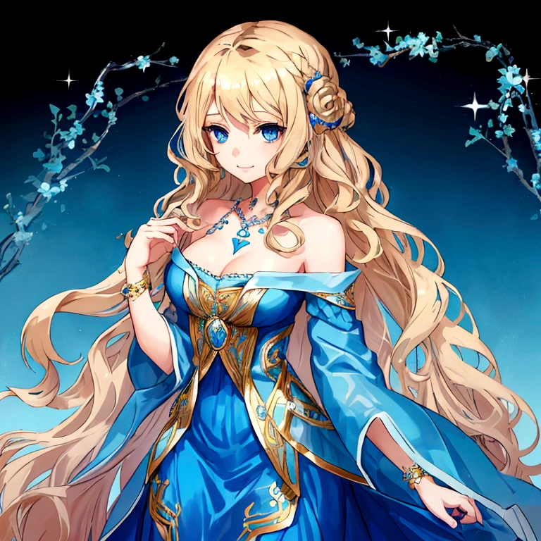 A young girl that has long, wavy blonde hair and blue eyes. She is wearing a blue dress with intricate details and a matching blue necklace. She has a gentle and composed expression on her face.