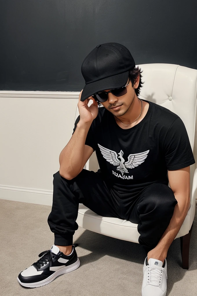 Create a 3D illusion for a Instagram profile picture where a boy in a black shirt sits casually on a Wingback Chair. Wearing sneakers, a black cricket cap, and sunglasses, he looks ahead. The background features "VISHNU" in big and capital white fonts on the black wall. There should not be his shadow, and there are wings to make it appear as if he is an angel.