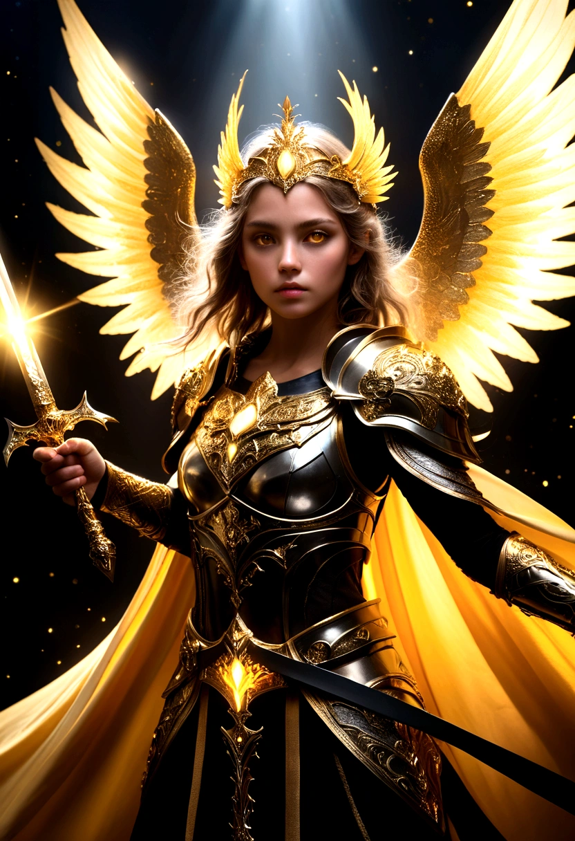 1girl, ethereal fantasy concept art, girl in black and gold armor, glod tiara, gold armor, holding gold sword, low wings, head wings, glowing sword, glowing runes, glowing eys, yellow eyes, cape, glory, lighting, black background, with a dynamic and magical background, masterpiece, best quality, magnificent, celestial, ethereal, painterly, epic, majestic, magical, fantasy art, cover art, dreamy, Multi-Layered Textures, HDR, High Dynamic Range, Maximum Clarity And Sharpness, Multi-Layered Textures, 