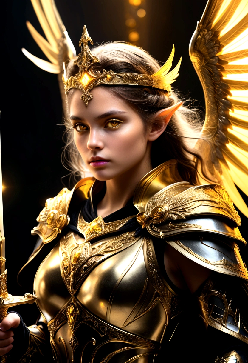 1girl, ethereal fantasy concept art, girl in black and gold armor, glod tiara, gold armor, holding gold sword, low wings, head wings, glowing sword, glowing runes, glowing eys, yellow eyes, cape, glory, lighting, black background, with a dynamic and magical background, masterpiece, best quality, magnificent, celestial, ethereal, painterly, epic, majestic, magical, fantasy art, cover art, dreamy, Multi-Layered Textures, HDR, High Dynamic Range, Maximum Clarity And Sharpness, Multi-Layered Textures, 