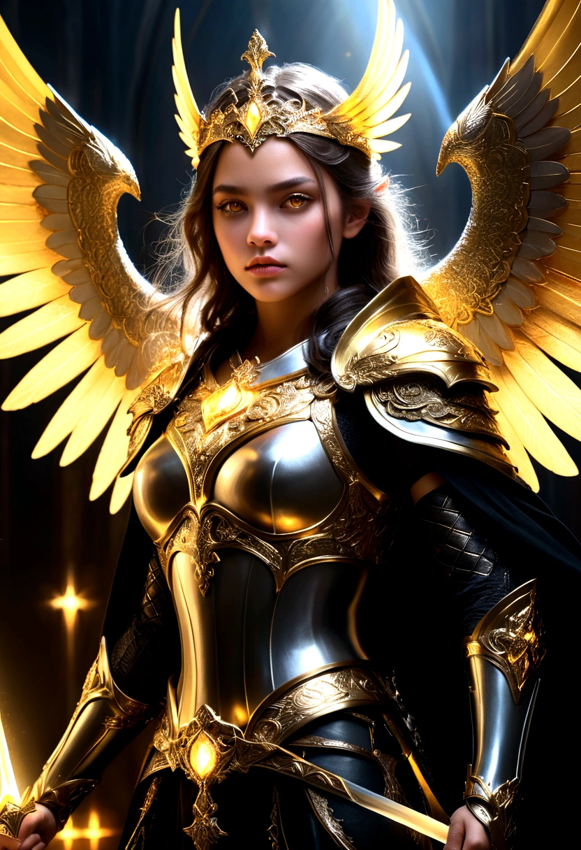 1girl, ethereal fantasy concept art, girl in black and gold armor, glod tiara, gold armor, holding gold sword, low wings, head wings, glowing sword, glowing runes, glowing eys, yellow eyes, cape, glory, lighting, black background, with a dynamic and magical background, masterpiece, best quality, magnificent, celestial, ethereal, painterly, epic, majestic, magical, fantasy art, cover art, dreamy, Multi-Layered Textures, HDR, High Dynamic Range, Maximum Clarity And Sharpness, Multi-Layered Textures, 