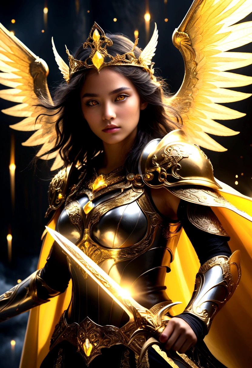 1girl, ethereal fantasy concept art, girl in black and gold armor, glod tiara, gold armor, holding gold sword, low wings, head wings, glowing sword, glowing runes, glowing eys, yellow eyes, cape, glory, lighting, black background, with a dynamic and magical background, masterpiece, best quality, magnificent, celestial, ethereal, painterly, epic, majestic, magical, fantasy art, cover art, dreamy, Multi-Layered Textures, HDR, High Dynamic Range, Maximum Clarity And Sharpness, Multi-Layered Textures, 