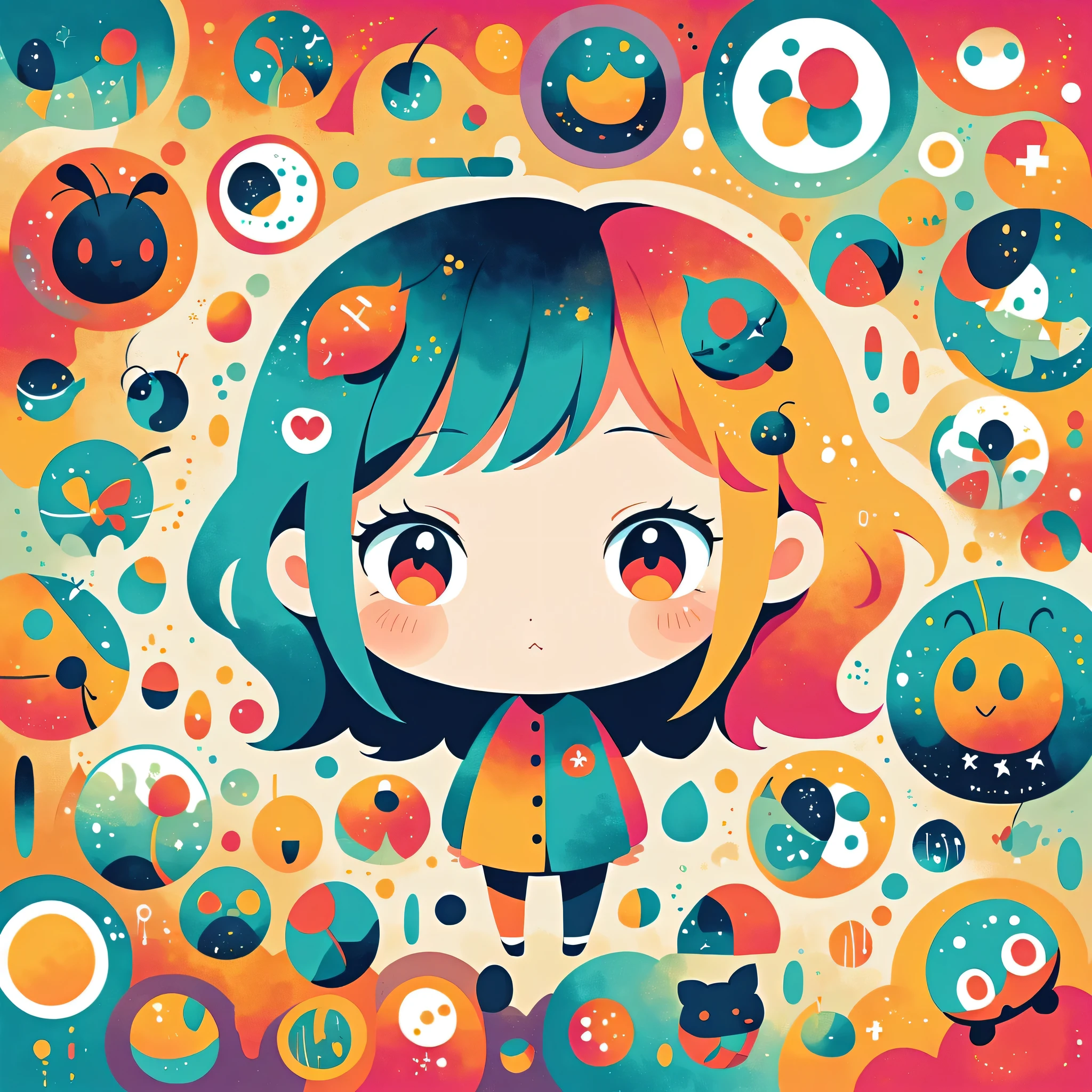 Hayao Miyazaki style, Standing in front of a high wall，Simple Line Initialism，Abstract art，Urban Background, (((The most beautiful girl))), (((chibi))), Cute and colorful pillbugs,