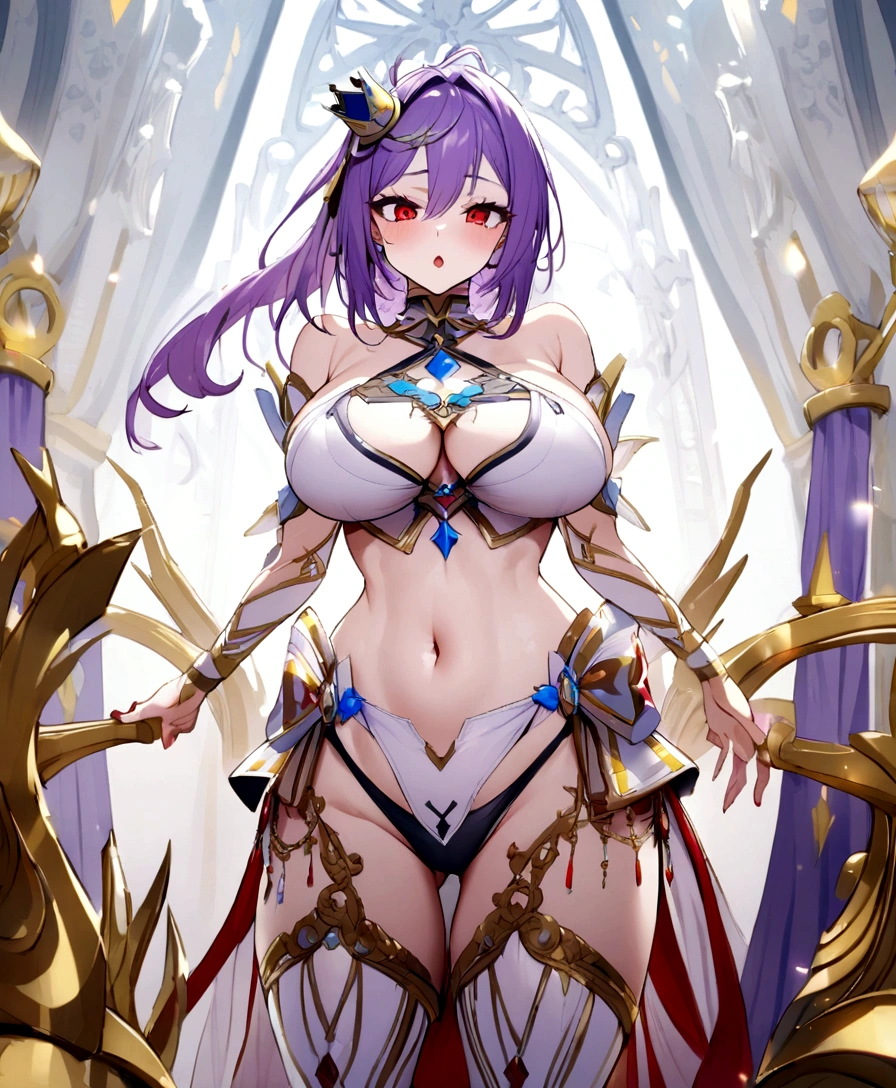 Sexy bikini, mini crown, bare belly, big breasts, purple hair, red eyes, goddess of entertainment
