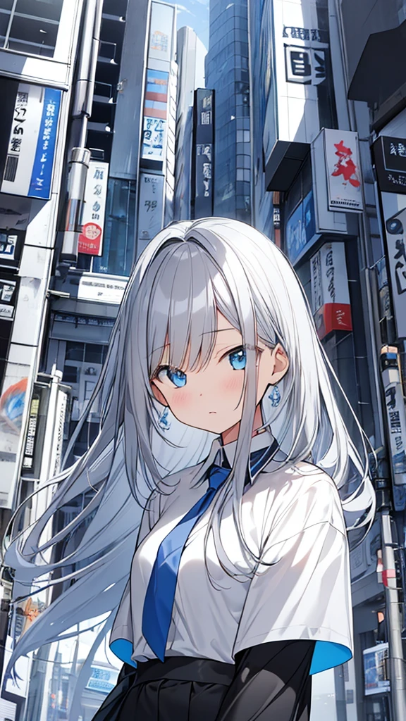 monochrome color, Blue Art, grayscales、masterpiece、top-quality、Top image quality、straight haired、Hanging eyes、kawaii、A darK-haired、blue eyes、the wind、Buildings,Tokyo