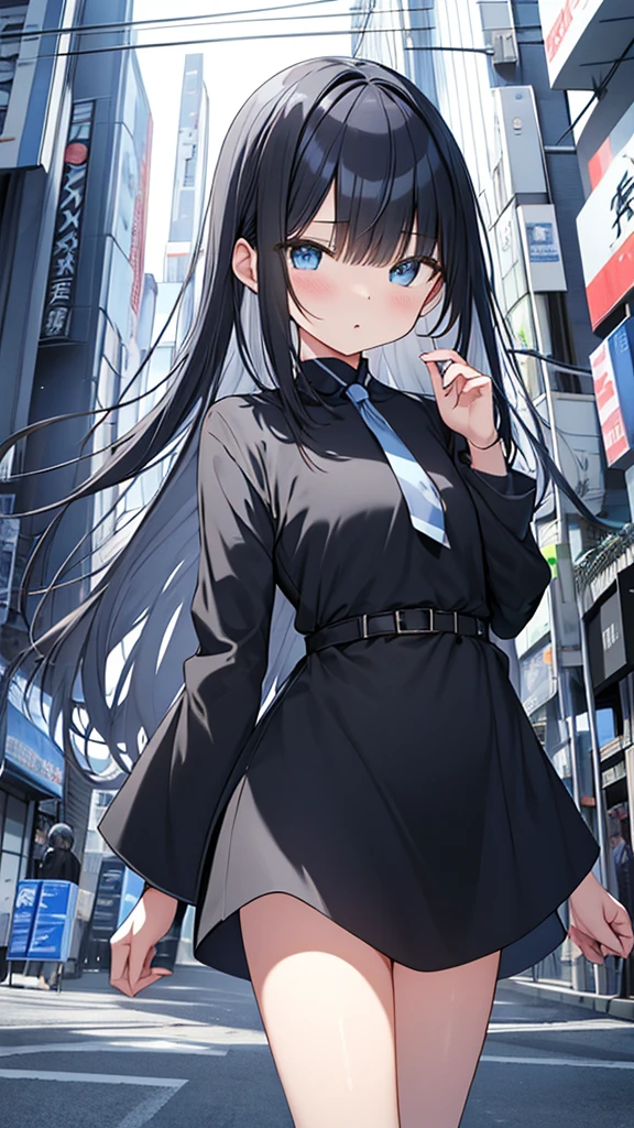 monochrome color, Blue Art, grayscales、​masterpiece、top-quality、Top image quality、straight haired、Hanging eyes、kawaii、A darK-haired、blue eyes、the wind、Buildings,Tokyo