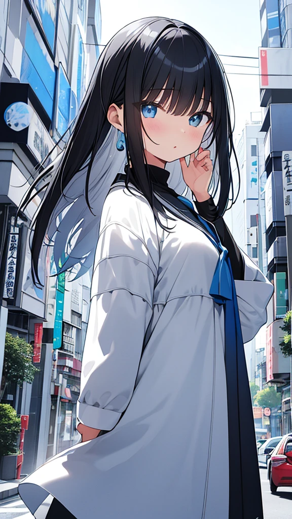monochrome color, Blue Art, grayscales、​masterpiece、top-quality、Top image quality、straight haired、Hanging eyes、kawaii、A darK-haired、blue eyes、the wind、Buildings,Tokyo