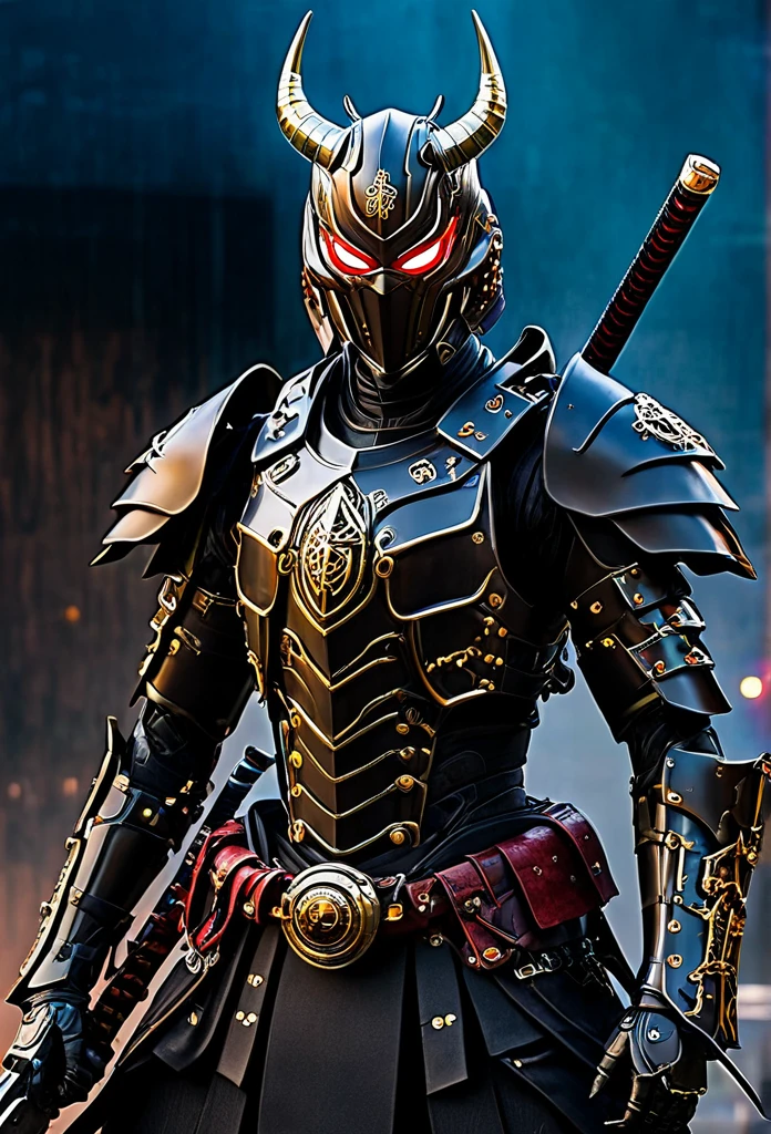 araffe dressed in a black suit holding a sword and a sword, cyborg samurai, cyber japan samurai armor, cyberpunk samurai, very beautiful cyberpunk samurai, full samurai armor spiderman, bio - mechanical ninja samurai, portrait of a cyberpunk samurai, cyber japan style armor, cyber japan armor, celtic and cyberpunk armor, black bull samurai, intricate assasin mecha armor