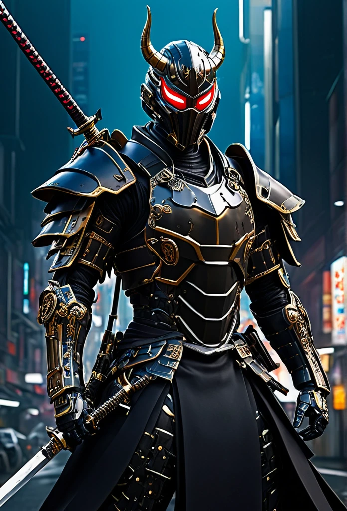 araffe dressed in a black suit holding a sword and a sword, cyborg samurai, cyber japan samurai armor, cyberpunk samurai, very beautiful cyberpunk samurai, full samurai armor spiderman, bio - mechanical ninja samurai, portrait of a cyberpunk samurai, cyber japan style armor, cyber japan armor, celtic and cyberpunk armor, black bull samurai, intricate assasin mecha armor
