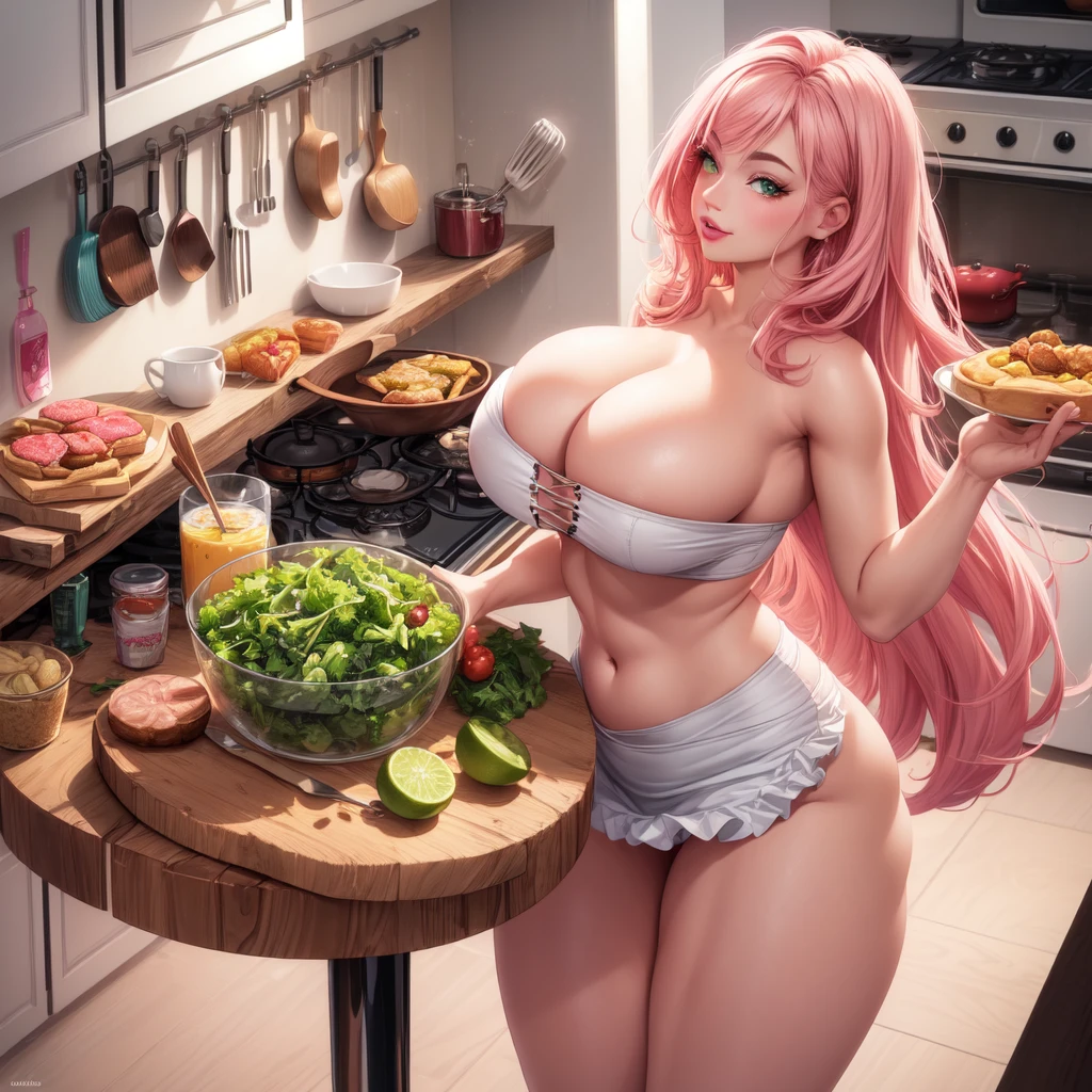 ((1 girls), solo, clevage, Big round breasts, trendy, stylish, clevage, thighs, hips, realistic, pink hair, blonde hair, light green eyes, lip gloss, detailed face, amazing big eyes, eye details, big lips, eyebrow details, blush, smirk, naughty, mischevious face, HD, good quality, thick thighs, attractive, kitchen, breakfast
