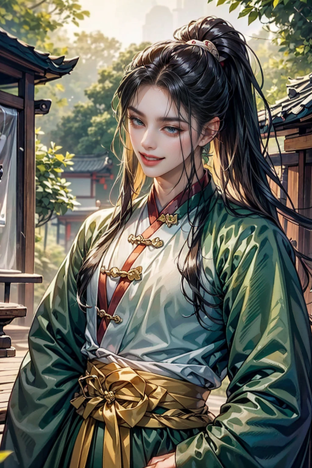 xianxia, (((best quality))),masterpiece,ultra high resolution,extraordinarily beautiful youth, a bright, villains smile,All green clothing,((boy 24 year old, green hanfu,green clothing, Chinese shirt style)) ,boy character ,((Thick black long hair)),beautiful face,detailed interior, detailed boy,((man)),(in bamboo forest), house China style, pure white lotus,beautiful and cute boy ,black eyes,((solo man)),(he has a Big eyes, charming lips, slim nose and small face),(slim figures ),ponytail and 冠, Hiogi fan,Japanese fan ,very long hair, thick hair, black hair ,eyes detailed,pony tails,