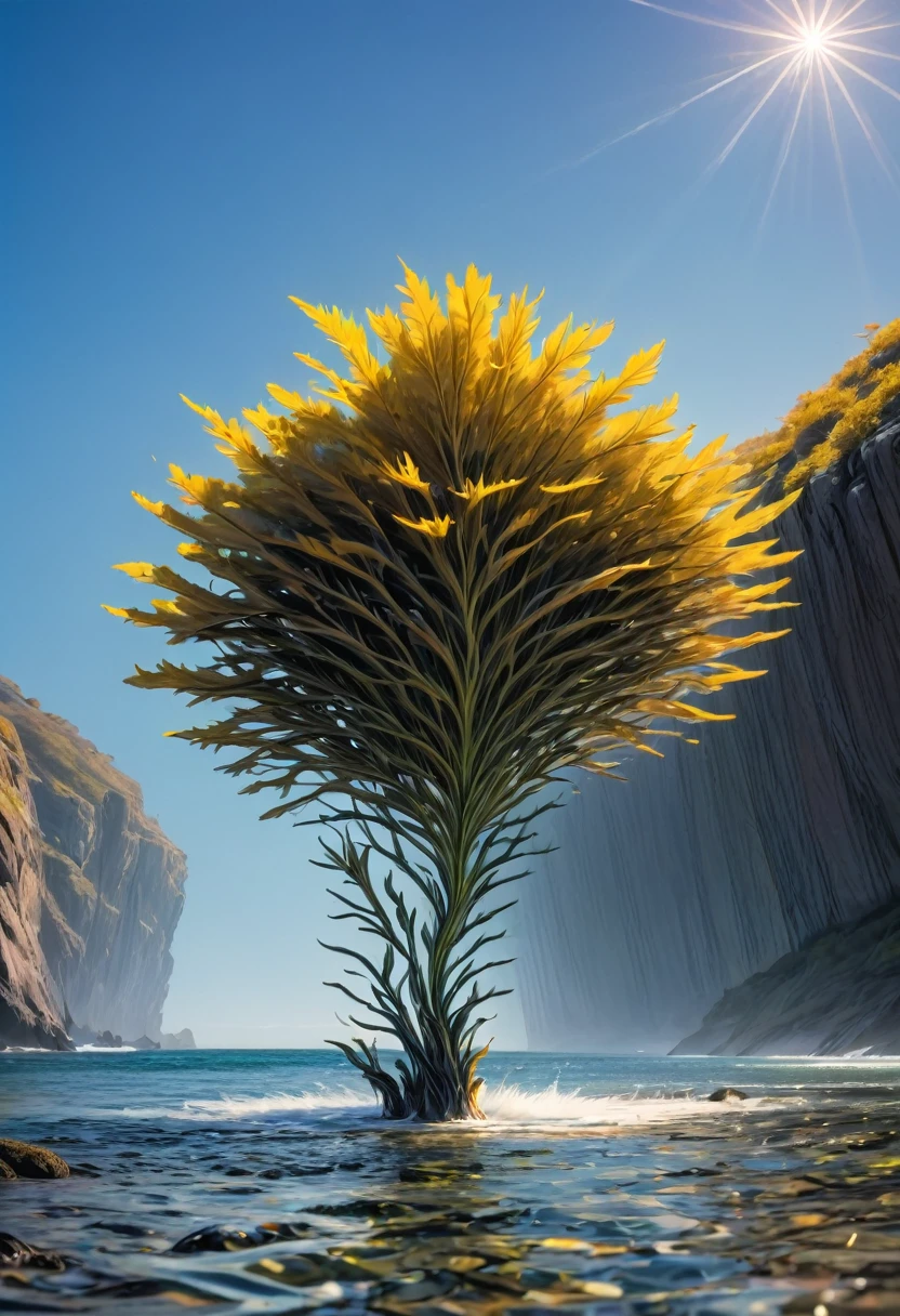Create a close-up image of Bladder Wrack seaweed kelp floating in the water along a rugged coastline. The scene should show the intricate details of the seaweed's long, yellow fronds and its distinctive, bulbous air bladders. The water should be clear, allowing the textures and colors of the Bladder Wrack to be seen clearly. The fronds should be floating gracefully in the shallow, sunlit water, with the rocky shoreline visible in the background. Highlight the ethereal, almost otherworldly appearance of the seaweed as it glistens and sways gently in the current. The atmosphere should convey the serene and mystical beauty of the coastal environment, with the play of light and shadow on the water and the seaweed.