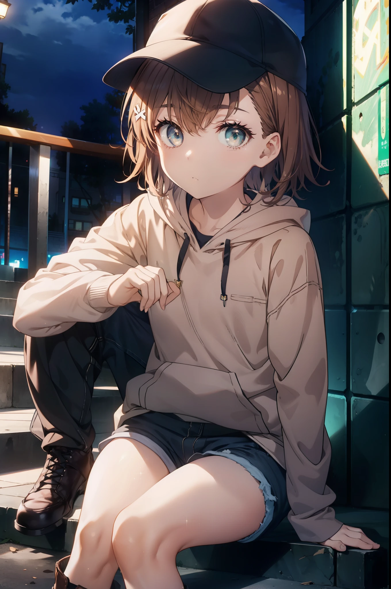 Mycotrose, Brown eyes,Brown Hair,short hair,Small breasts,Oversized black hoodie,Baseball hats,Shorts,boots,Both hands are in the pockets of the hoodie,Sitting on the stairs,night,moonlight,whole bodyがイラストに入るように, break looking at viewer, whole body, break outdoors, Building district, break (masterpiece:1.2), Highest quality, High resolution, unity 8k wallpaper, (shape:0.8), (Beautiful and beautiful eyes:1.6), Highly detailed face, Perfect lighting, Highly detailed CG, (Perfect hands, Perfect Anatomy),