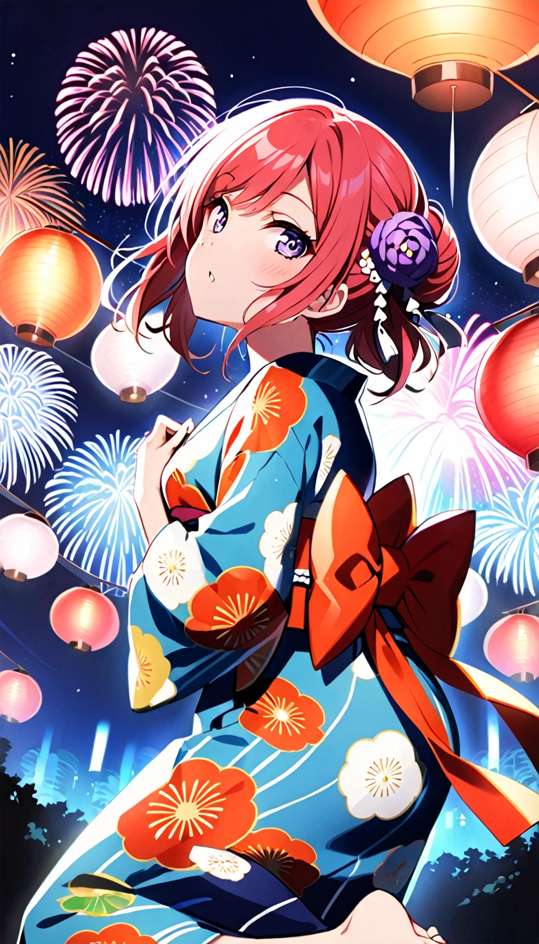 A viewer draws the whole body of Maki Nishikino, a girl in a yukata, from the side as she looks up at the fireworks exploding into the sky at a nighttime fireworks festival