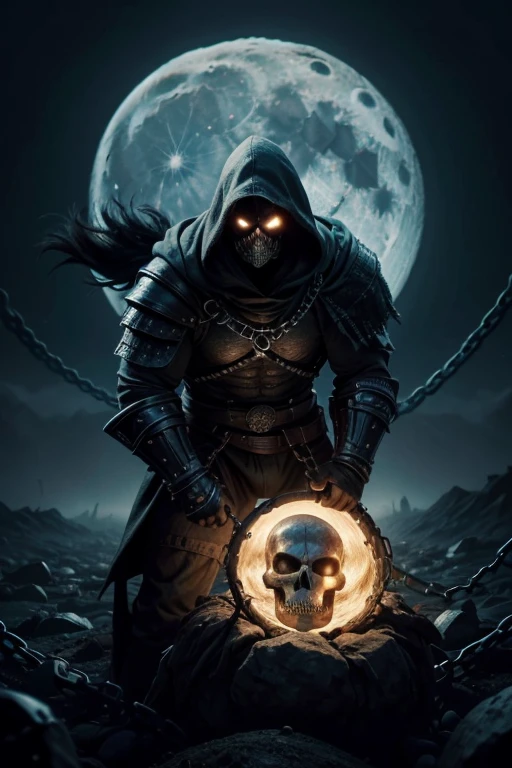 Illustrate a furious warrior with a skull face hidden under a hood. He is dragging the Earth behind him with heavy chains, and the moon is positioned above the Earth, also connected by chains. The scene should be dark, intense, and dramatic, showcasing the warrior's immense strength and rage