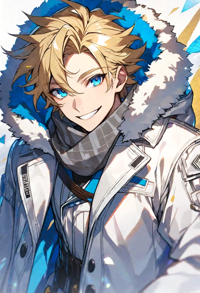 Solo, male, blonde hair, blue eyes, white fur coat, gray scarf, smile facial