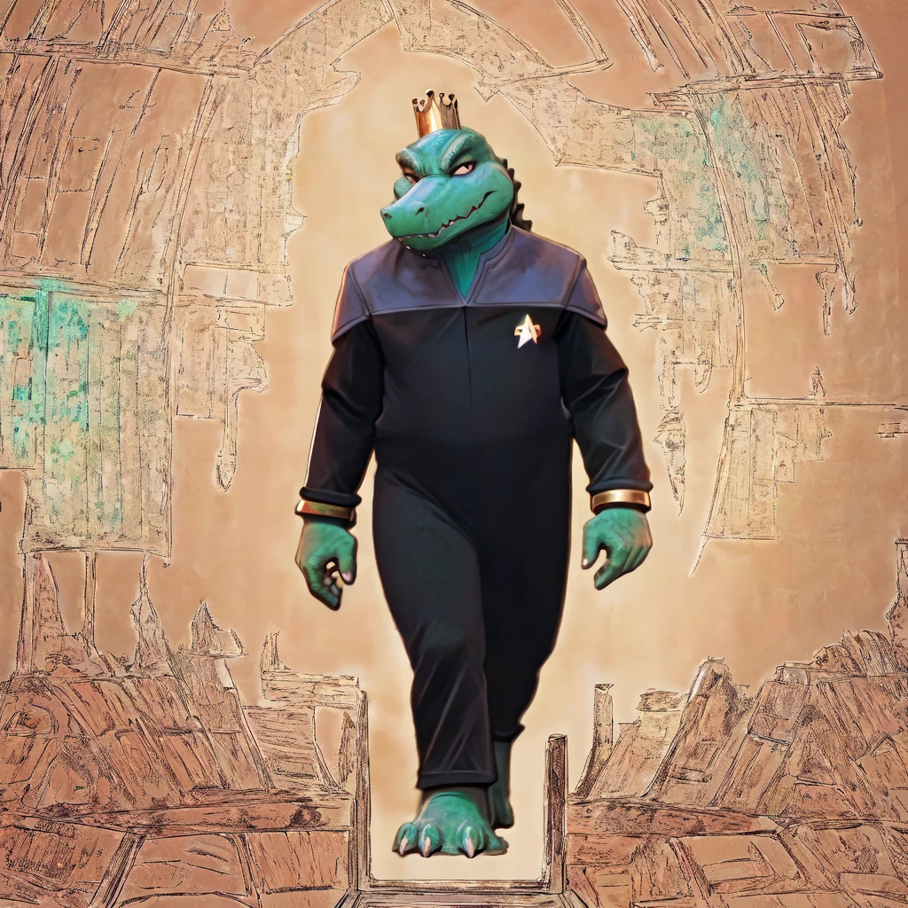 (((Barefoot scaley character, full body, cinematic setting, furry male, plantigrade))) 
Doctor (((kingkrool))), crocodile, green skin, reptile, gold bracelets, scales, bloodshot eye, fat, obese,
exudes confidence and authority, wears star trek DS9 doctor teal uniform, ((ds9st, black and grey star trek uniform, grey shoulders, teal neck, black jumpsuit, black pants)) dynamic pose, holding medical tricorder
((starship interior with many screens and consoles)), futuristic look, metalic, bright colors
BREAK, intricate details, highly detailed, extreme detail, octane render, fine art, best quality, highres, (detailed face:1.5), ((full_body)), UHD, (((perfect hands))), ((low light:1.5))