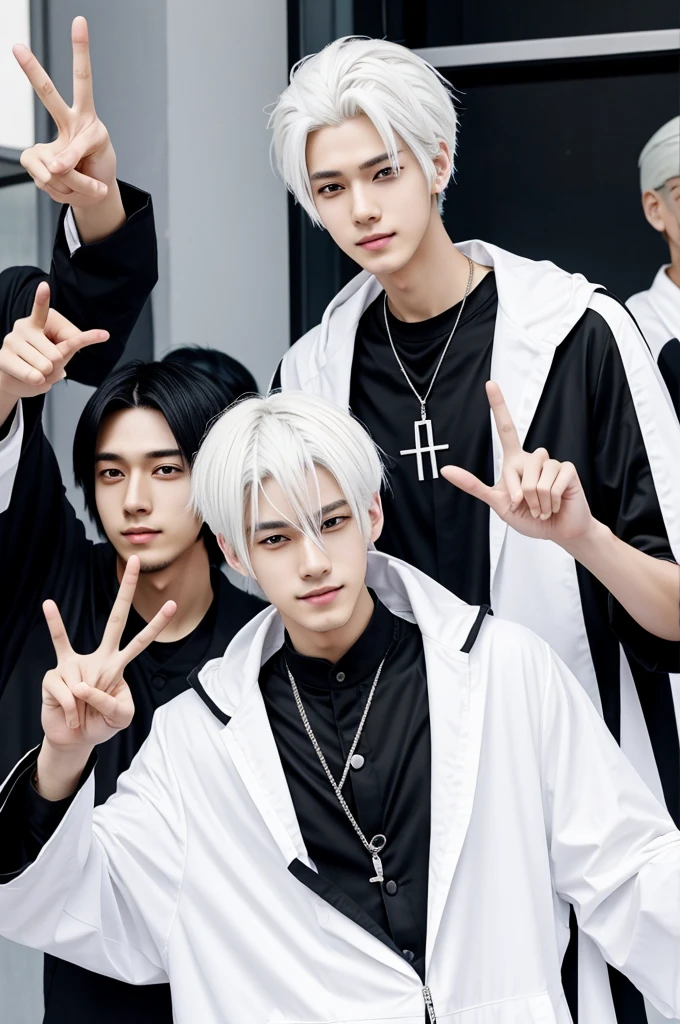 Anime Boys tall guy with white hair black clothing doing the peace sign