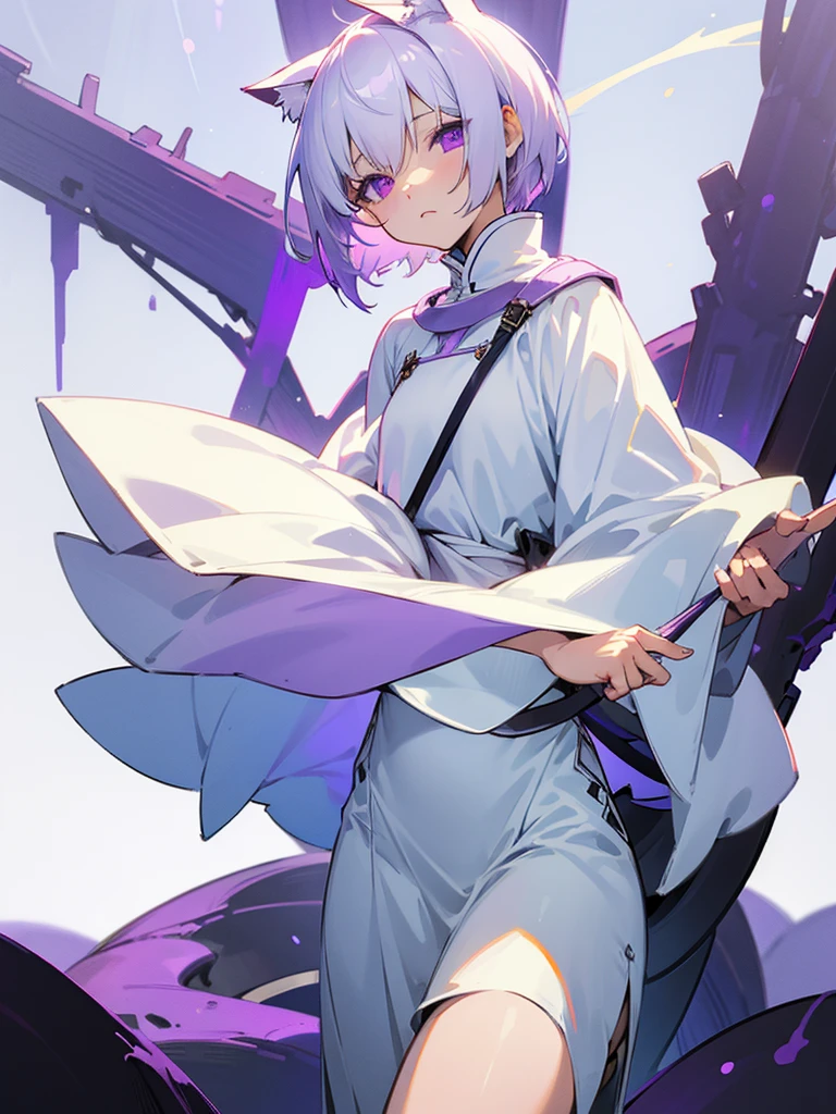 White tunic, purple eyes, blank expression, earth, white short hair, cat