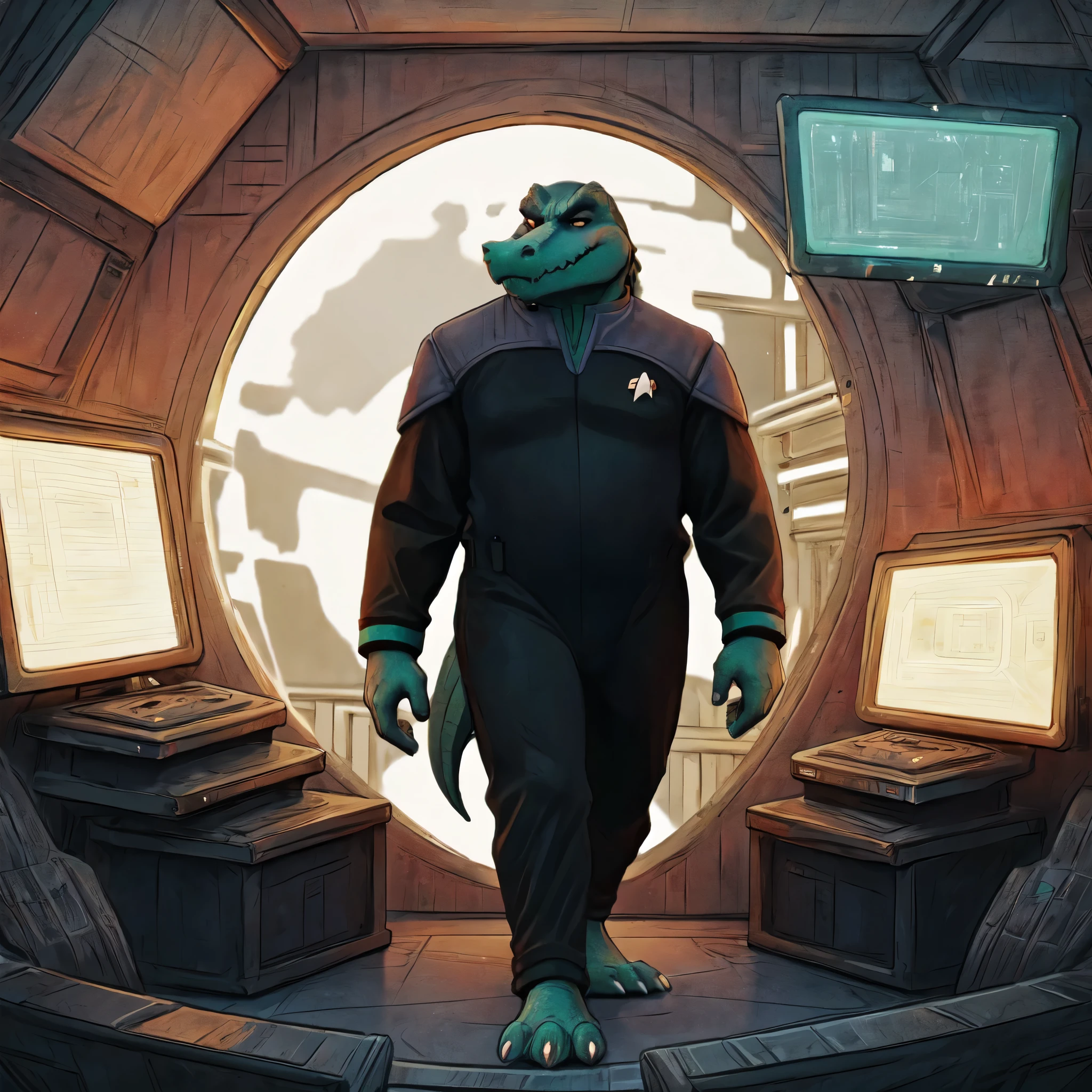 (((Barefoot scaley character, full body, cinematic setting, furry male, plantigrade))) 
Doctor (((kingkrool))), crocodile, green skin, reptile, gold bracelets, scales, bloodshot eye, fat, obese,
exudes confidence and authority, wears star trek DS9 doctor teal uniform, ((ds9st, black and grey star trek uniform, grey shoulders, teal neck, black jumpsuit, black pants)) dynamic pose, holding medical tricorder
((starship interior with many screens and consoles)), futuristic look, metalic, bright colors
BREAK, intricate details, highly detailed, extreme detail, octane render, fine art, best quality, highres, (detailed face:1.5), ((full_body)), UHD, (((perfect hands))), ((low light:1.5))