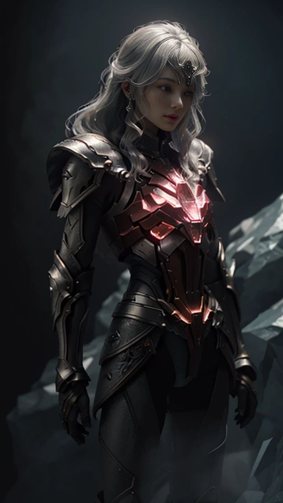 World Style，Armor Girl，Crystal material（3D rendering armor，refractive index：1.76 - 1.78，Albedo：0.03 - 0.05，ambient Light：Between 20-50，color：Dark Red, Medium saturation，Type of Light：ambient Light：1.2，Light source color：北极Light，Light源强度：Between 1 and 2，Light源方向：Adjust the position and direction of the Light source appropriately according to the shape and material of the object，Number of Light sources：2 - 3 Light sources
）Crystal exoskeleton，Red Cape，Beautiful female knight，Detailed fantasy art，Red crystal armor，（Red crystal：15），（Red 0.5），（Crystal texture：1.5），Light滑的表面，high transparency，HD晰度，Texture and detail inside the material，Piezoelectric effect，逆Piezoelectric effect，Light学衍射，Amazing Armor，2.5D CGI fantasy artwork， 4K Fantastic Details，High Detail, Surrealism, Cubism, Constructivism, Chiaroscuro, Light线追踪, backLight, Stereoscopic View, Light, UHD, Retina, masterpiece, precise, Anatomically correct, high resolution, best quality, Textured Skin, HD, 4K