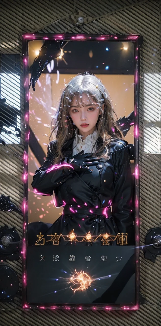 (masterpiece, best quality:1.3), (Extremely detailed:1.3), 1 Girl, Solitary, flat chest, Yellow eyes, (White shirt, Black tie, Black coat, Open coat), Cowboy shooting, light, (((Glowing light particles))), (Put your hands behind your back),