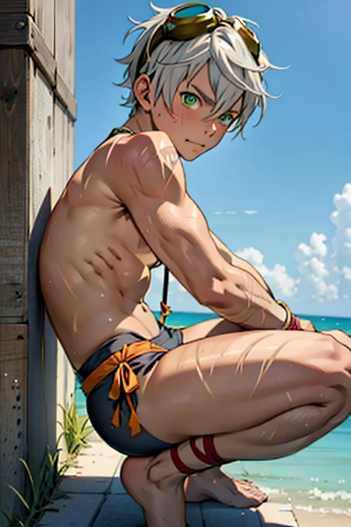 Tied up　string　torture　Fight　Young people　Swimwear　male　Embarrassing　Pull　suffer　thin　Gray Hair　juvenile　anime　Upper body naked　Droopy eyes 　Tea skin　Sunburn　Brown Skin　Embarrassing　Please put the goggles on your head.　Green Eyes　 Overall image　Femboy　View from below　Kneeled　View from the side　whole body　Raise your arms　Tied up