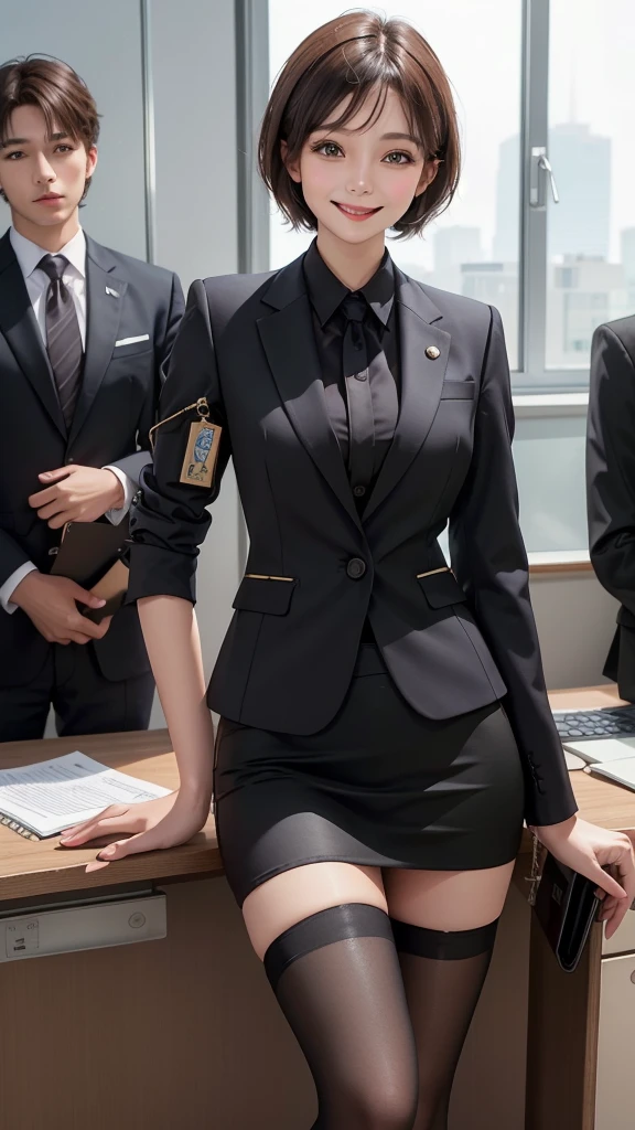 Best image quality、Ultra-high resolution、One Girl、Beautiful expression、(Black business suit,Tight Skirt,Black tights),office,smile,short hair