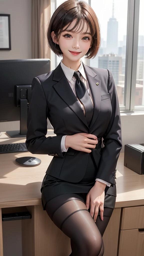 Best image quality、Ultra-high resolution、One Girl、Beautiful expression、(Black business suit,Tight Skirt,Black tights),office,smile,short hair