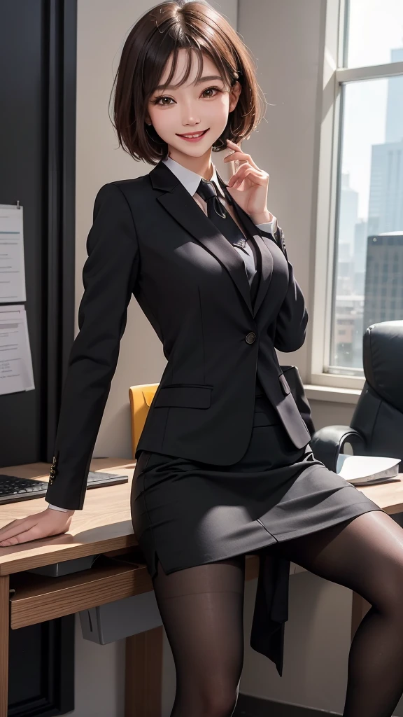 Best image quality、Ultra-high resolution、One Girl、Beautiful expression、(Black business suit,Tight Skirt,Black tights),office,smile,short hair