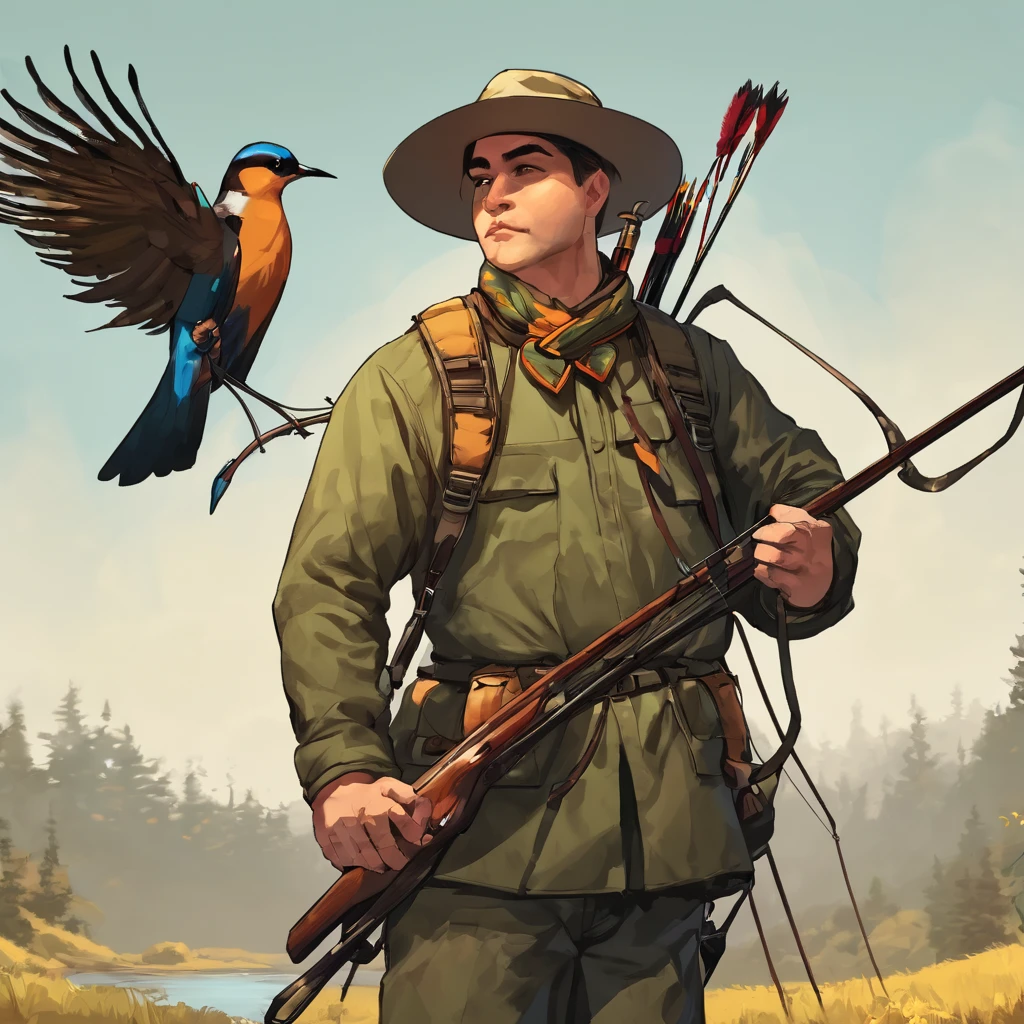 Hunter holding a bow, man, hunter, cool, carrying a bird