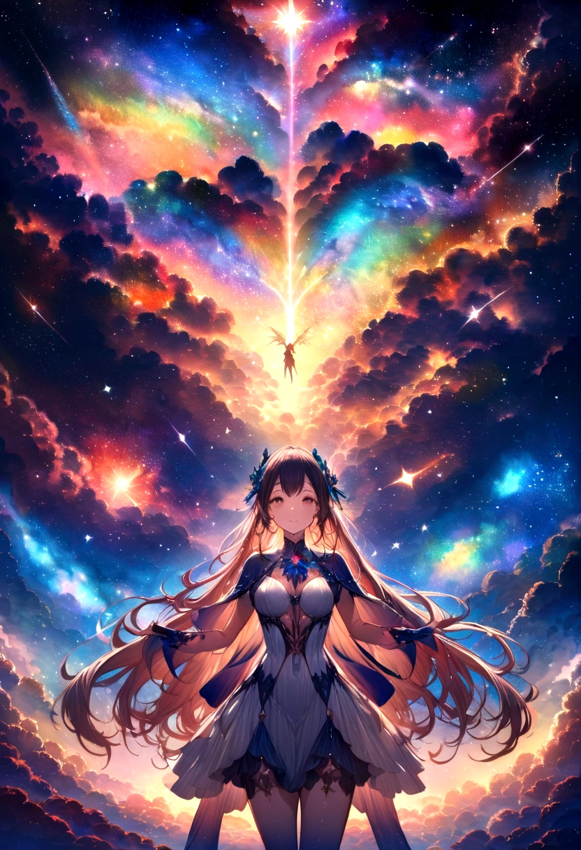 high detail, Super detailed, Ultra-high resolution, Girls enjoy time in Fantasy Galaxy, Surrounded by stars, Warm light shines on her, Background is starry sky,There are colorful galaxies and galaxy clouds, stars are flying around her, delicate face, Add a playful atmosphere ,