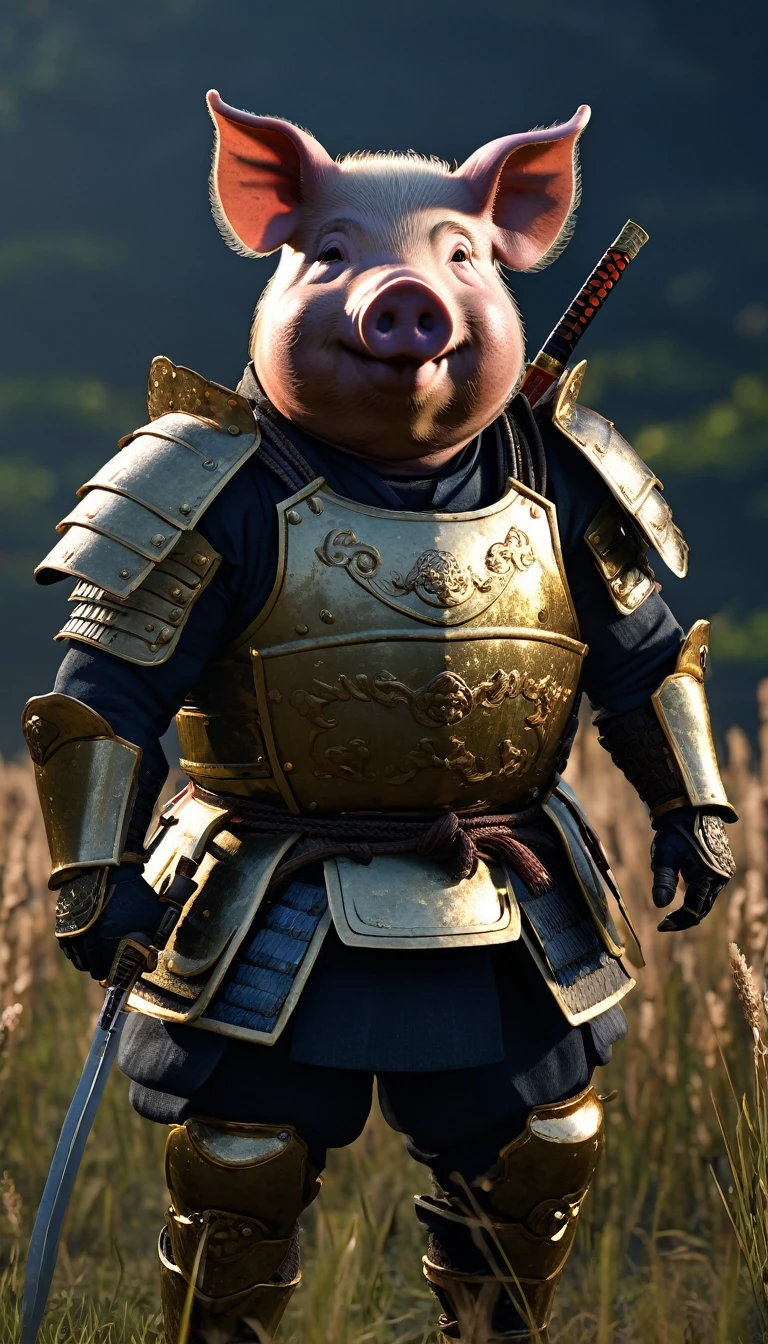 masterpiece, (Super detailed), (Animal anthropomorphism), pig, good looking, Japanese Armor,knife、 Dim lighting, cigarette, Shadow, Night grassland battlefield, Highest quality, Single Focus, (skimming: 1.1), Muscular man, whole body, Complex (High detail: 1.1) Unreal Engine.multiple、
