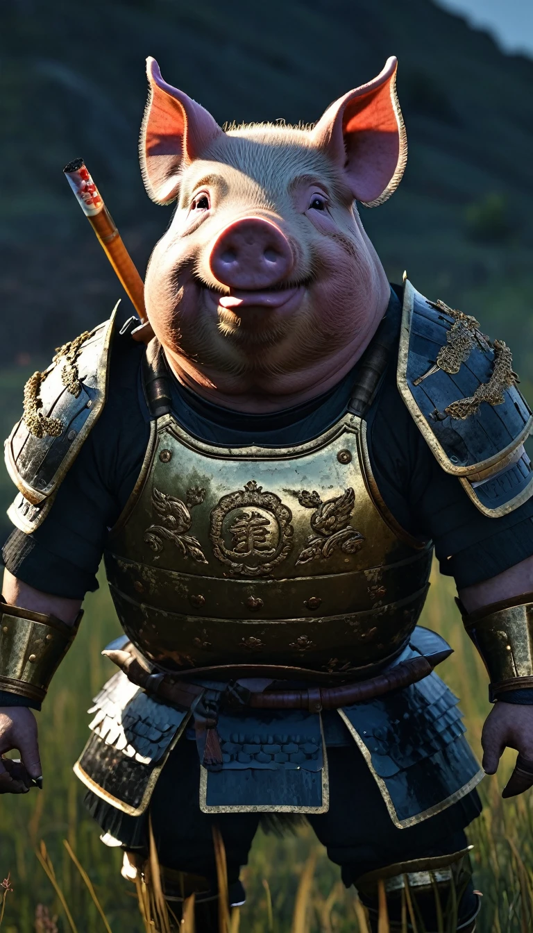 masterpiece, (Super detailed), (Animal anthropomorphism), pig, good looking, Japanese Armor,knife、 Dim lighting, cigarette, Shadow, Night grassland battlefield, Highest quality, Single Focus, (skimming: 1.1), Muscular man, whole body, Complex (High detail: 1.1) Unreal Engine.multiple、