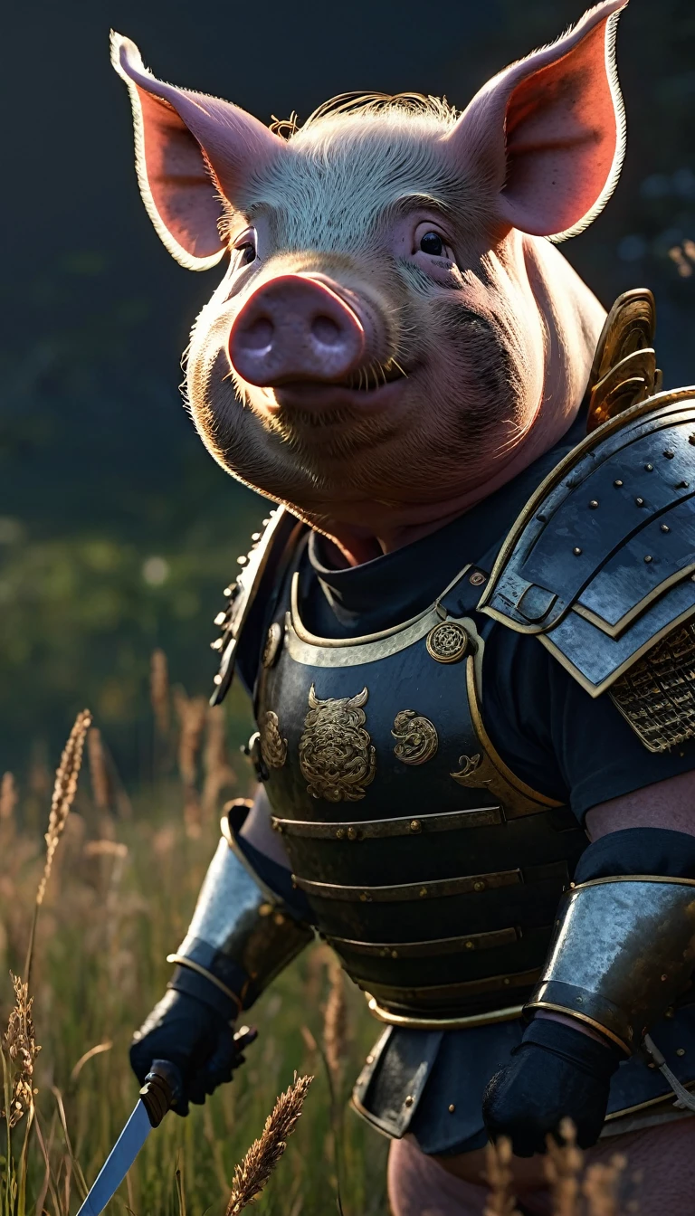 masterpiece, (Super detailed), (Animal anthropomorphism), pig, good looking, Japanese Armor,knife、 Dim lighting, cigarette, Shadow, Night grassland battlefield, Highest quality, Single Focus, (skimming: 1.1), Muscular man, whole body, Complex (High detail: 1.1) Unreal Engine.multiple、