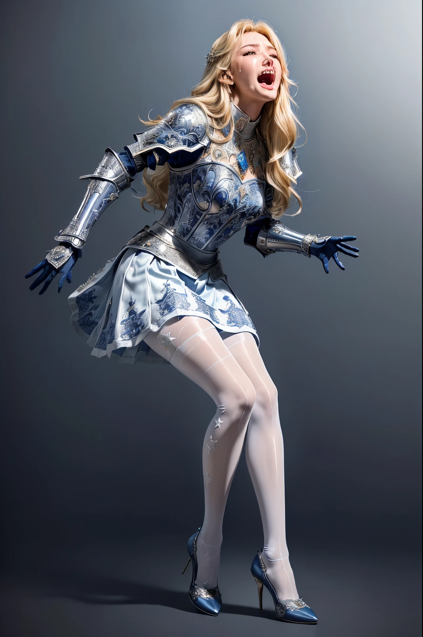 masterpiece, best quality photo, a beautiful 25 years old princess knight is screaming, (fancy engraved medieval metal armor on top:1.3), (waving flare skirt in dark indigo blue:1.2), (white pantyhose on bottom:1.3), high-heel:1.2, light gray metal armor, (detailed facial expression:1.2), extremely detailed face, extremely beautiful, grimace, screaming, strongly closed eyes, wide open lips:1.3, rich blonde hair:1.1, (painful screaming facial expression:1.2),