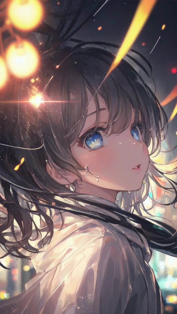 (masterpiece:1.21), (highest quality:1.331), ((Super detailed)), ((very best illustration)), ((wonderful)), (hyper quality), gorgeous and rich graphics,
(very delicate and beautiful:1.21), 8K, wallpaper, (very beautiful lighting), hard light, delicate composition, (perfect composition), (very beautiful and detailed background:1.21), Rembrandt's representation of light and shadow, dark tone, (Low-key, high-dispersion color scale), ((Depth of the bounds written)), deep shadow,
dynamic angle, From the side, Upper body, radial blur,
rain, (city lights, blurred background),
(1 girl),(detailed and beautiful eyes), clear blue eyes, long silver french braid hair,
fatigue,
transparent raincoat, Wet clothes and wet skin and dripping wet hair,
Lens flare, string lights, street,, masterpiece, highest quality,
