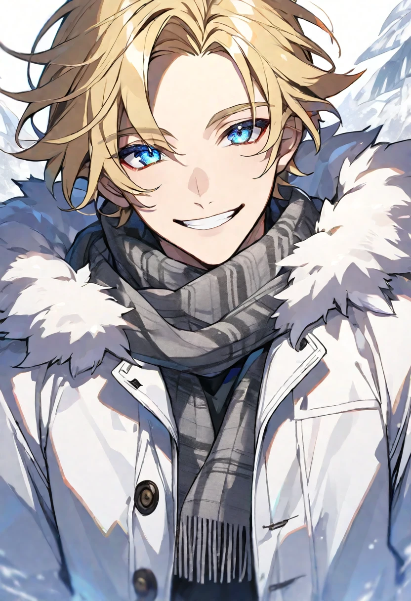 Solo, male, blonde hair, blue eyes, white fur coat, gray scarf, smile facial