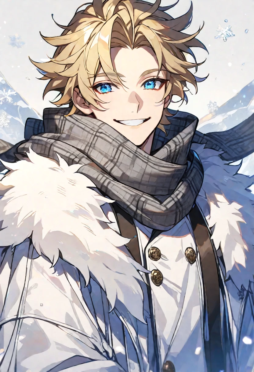 Solo, male, blonde hair, blue eyes, white fur coat, gray scarf, smile facial