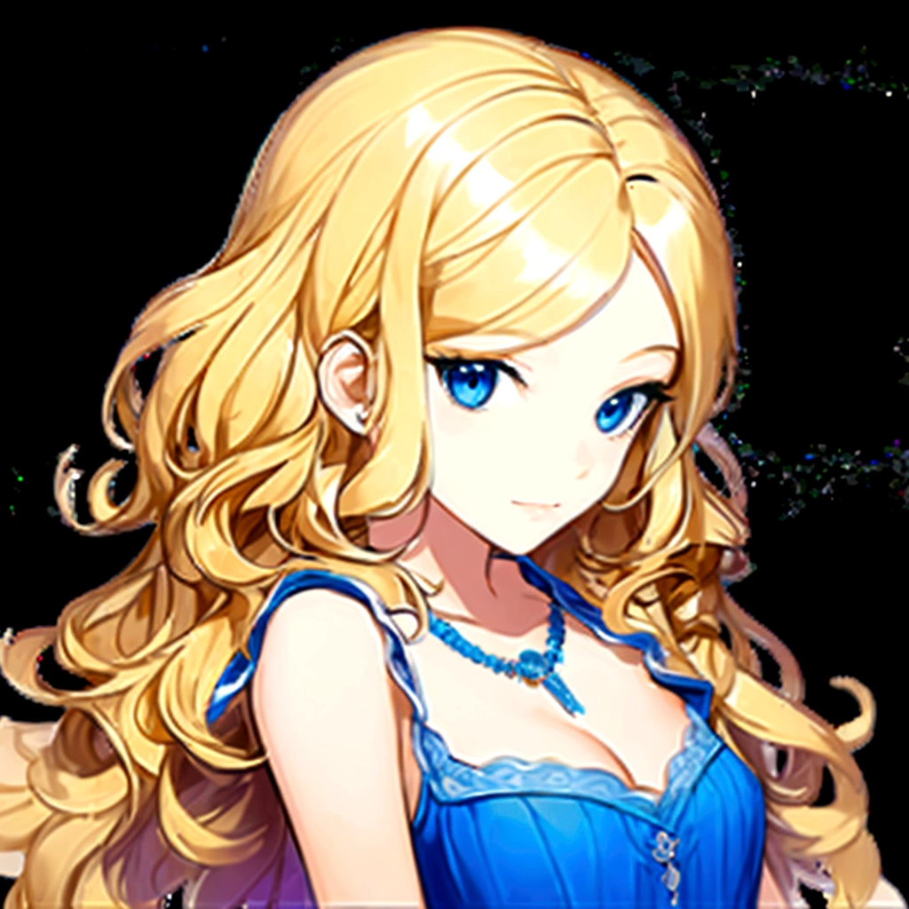 A young girl that has long, wavy blonde hair and blue eyes. She is wearing a blue dress with intricate details and a matching blue necklace. She has a gentle and composed expression on her face.