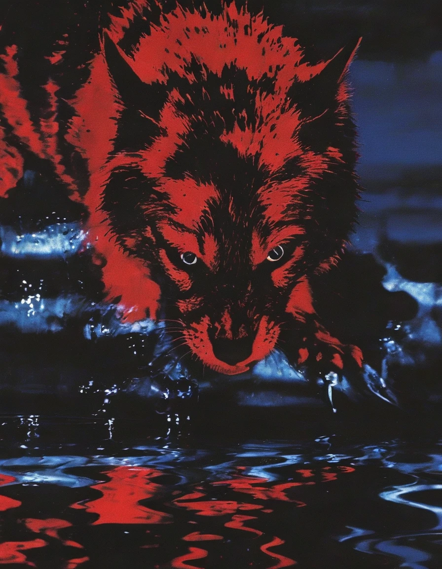 cat in water, red sunset background