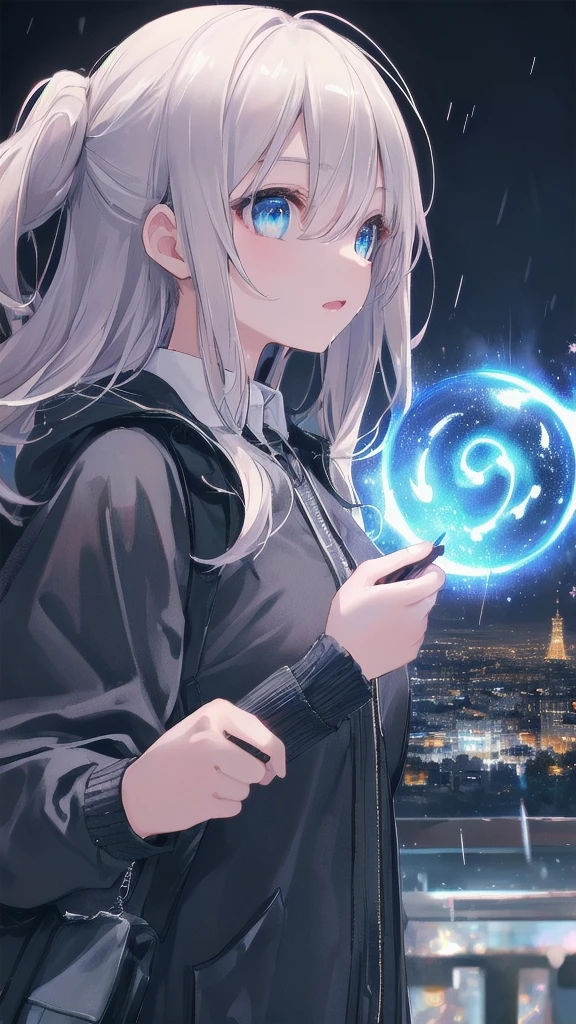 (masterpiece:1.21), (highest quality:1.331), ((Super detailed)), ((very best illustration)), ((wonderful)), (hyper quality), gorgeous and rich graphics,
(very delicate and beautiful:1.21), 8K, wallpaper, (very beautiful lighting), hard light, delicate composition, (perfect composition), (very beautiful and detailed background:1.21), Rembrandt's representation of light and shadow, dark tone, (Low-key, high-dispersion color scale), ((Depth of the bounds written)), deep shadow,
dynamic angle, From the side, Upper body, radial blur,
rain, (city lights, blurred background),
(1 girl),(detailed and beautiful eyes), clear blue eyes, long silver french braid hair,
fatigue,
transparent raincoat, Wet clothes and wet skin and dripping wet hair,
Lens flare, string lights, street,, masterpiece, highest quality,