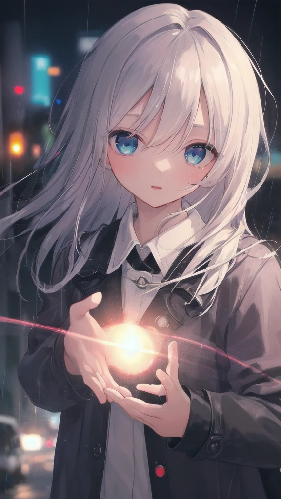 (masterpiece:1.21), (highest quality:1.331), ((Super detailed)), ((very best illustration)), ((wonderful)), (hyper quality), gorgeous and rich graphics,
(very delicate and beautiful:1.21), 8K, wallpaper, (very beautiful lighting), hard light, delicate composition, (perfect composition), (very beautiful and detailed background:1.21), Rembrandt's representation of light and shadow, dark tone, (Low-key, high-dispersion color scale), ((Depth of the bounds written)), deep shadow,
dynamic angle, From the side, Upper body, radial blur,
rain, (city lights, blurred background),
(1 girl),(detailed and beautiful eyes), clear blue eyes, long silver french braid hair,
fatigue,
transparent raincoat, Wet clothes and wet skin and dripping wet hair,
Lens flare, string lights, street,, masterpiece, highest quality,