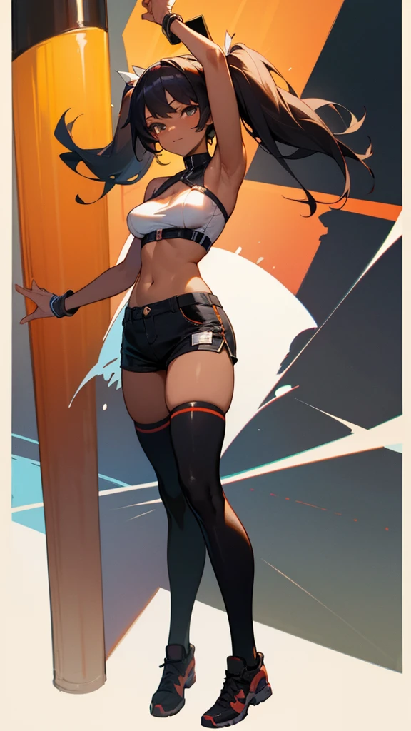 masterpiece, best quality, ultra detailed, 1girl, dark skin, twin tails, thighhighs, (micro short shorts), tube top, full body, street, medium breasts, armpit,