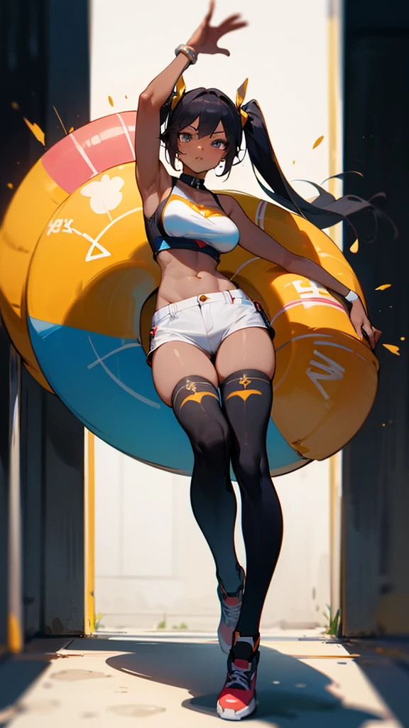 masterpiece, best quality, ultra detailed, 1girl, dark skin, twin tails, thighhighs, (micro short shorts), tube top, full body, street, medium breasts, armpit, 